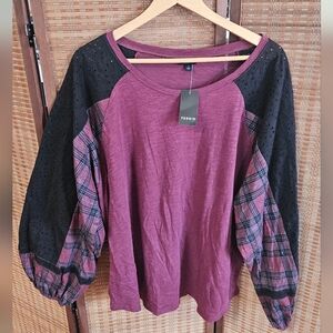 Torrid NWT Purple Wide Sleeve Top With Black Lace & Plaid Size 2